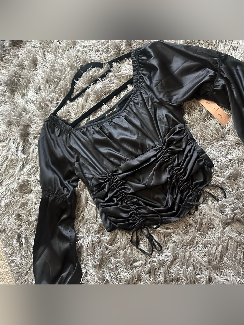 Almost Famous Black Satin Ruched Long-Sleeve Crop Top